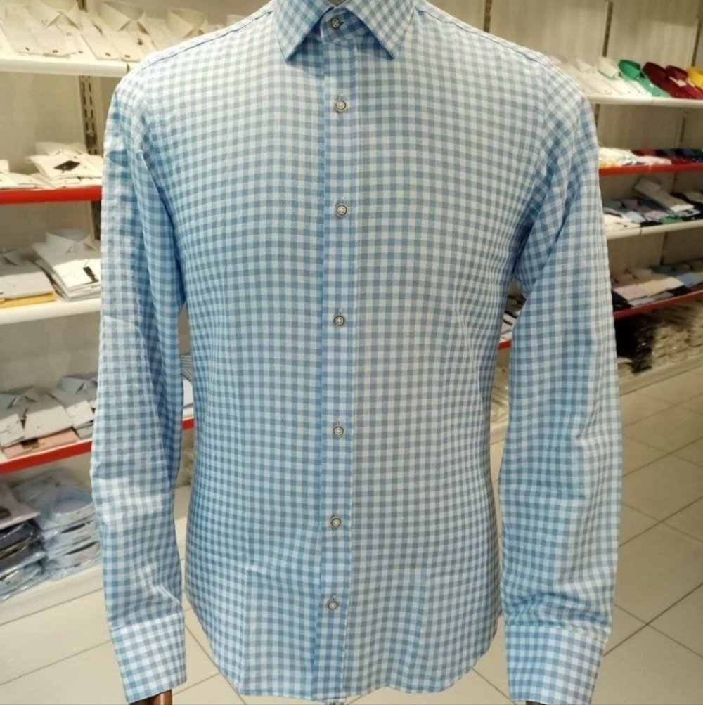 Men's Hugo Boss Blue Green Checkered Button Down Dress Shirt Size 41